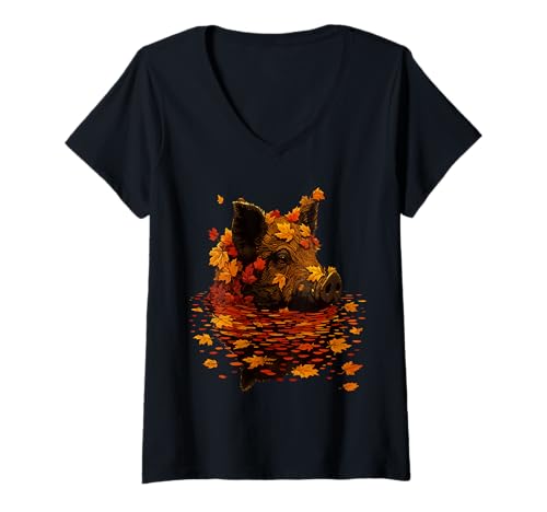 Damen Herbst Schwein Kunst Gemütliche Herbstblätter Serene Farm Tier Grafik T-Shirt mit V-Ausschnitt Damen Herbst Schwein Kunst Gemütliche Herbstblätter Serene Farm Tier Grafik T-Shirt mit V-Ausschnitt von Cozy Fall Autumn Animals Designs