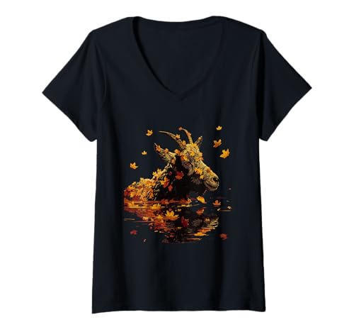 Damen Herbst Ziege Kunst Herbst Blätter Serene Bauernhof Tier Grafik T-Shirt mit V-Ausschnitt Damen Herbst Ziege Kunst Herbst Blätter Serene Bauernhof Tier Grafik T-Shirt mit V-Ausschnitt von Cozy Fall Autumn Animals Designs