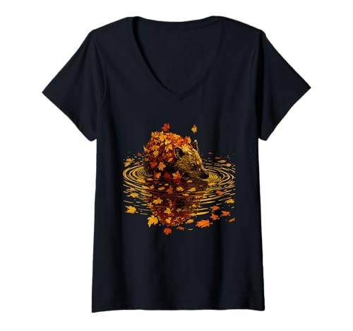 Damen Herbstliche Opossum-Kunst, gemütliche Herbstblätter, heitere Tiergrafik T-Shirt mit V-Ausschnitt Damen Herbstliche Opossum-Kunst, gemütliche Herbstblätter, heitere Tiergrafik T-Shirt mit V-Ausschnitt von Cozy Fall Autumn Animals Designs