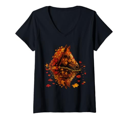 Damen Herbstpferd Kunst Cozy Fall Leaves Serene Animal Graphic T-Shirt mit V-Ausschnitt Damen Herbstpferd Kunst Cozy Fall Leaves Serene Animal Graphic T-Shirt mit V-Ausschnitt von Cozy Fall Autumn Animals Designs