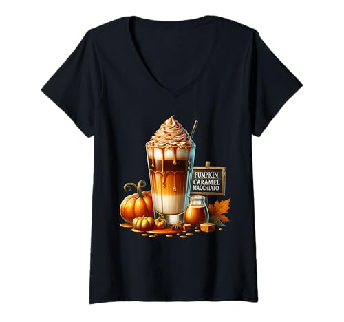 Damen Fall Drinking Glasses Pumpkin Spice Caramel Macchiato Coffee T-Shirt mit V-Ausschnitt Damen Fall Drinking Glasses Pumpkin Spice Caramel Macchiato Coffee T-Shirt mit V-Ausschnitt von Cozy Fall Coffee Gifts For Pumpin Spice Lovers