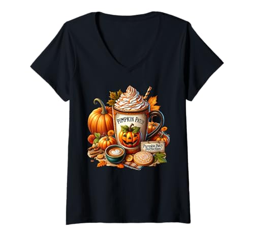 Damen Pumpkin Patch Coffee Halloween Mug for Women Pumpkin Spice T-Shirt mit V-Ausschnitt Damen Pumpkin Patch Coffee Halloween Mug for Women Pumpkin Spice T-Shirt mit V-Ausschnitt von Cozy Fall Coffee Gifts For Pumpin Spice Lovers