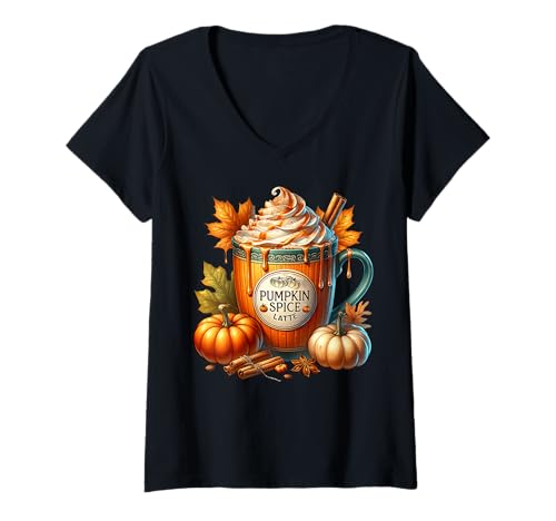 Damen Pumpkin Spice Coffee Latte Mug Graphic for Women Autumn Fall T-Shirt mit V-Ausschnitt Damen Pumpkin Spice Coffee Latte Mug Graphic for Women Autumn Fall T-Shirt mit V-Ausschnitt von Cozy Fall Coffee Gifts For Pumpin Spice Lovers