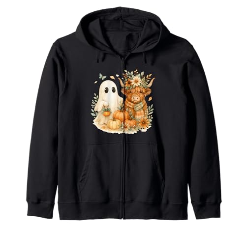 Highland Cow & Ghost Pumpkin Patch Watercolor Halloween Kapuzenjacke von Cozy Fall Critters