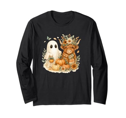 Highland Cow & Ghost Pumpkin Patch Watercolor Halloween Langarmshirt Highland Cow & Ghost Pumpkin Patch Watercolor Halloween Langarmshirt von Cozy Fall Critters