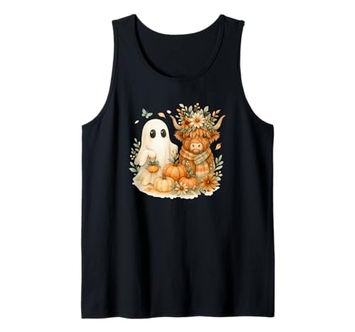 Highland Cow & Ghost Pumpkin Patch Watercolor Halloween Tank Top von Cozy Fall Critters