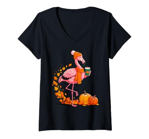 Damen Herbst Flamingo Kürbis Spice Vibes Erntedankfest Saison T-Shirt mit V-Ausschnitt von Cozy Fall Flamingo Creations