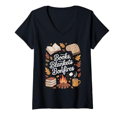 Damen Bücher Decken und Lagerfeuer Herbst Buchliebhaber T-Shirt mit V-Ausschnitt Damen Bücher Decken und Lagerfeuer Herbst Buchliebhaber T-Shirt mit V-Ausschnitt von Cozy Fall Season Autumn Campfire Co.