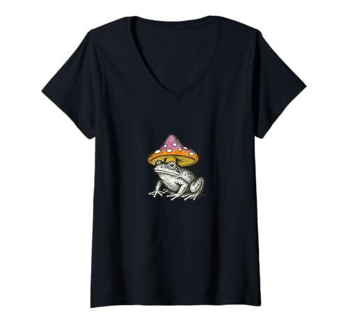Damen Skurrile Waldkröte mit Pilzhut im Cottagecore-Stil T-Shirt mit V-Ausschnitt von Cozy Fungi Friends Nature Club