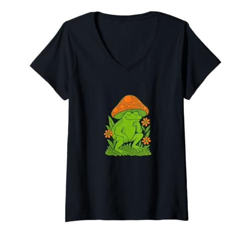 Damen Skurrile Waldkröte mit Pilzhut im Cottagecore-Stil T-Shirt mit V-Ausschnitt von Cozy Fungi Friends Nature Clubs