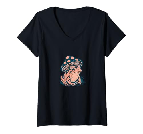 Damen Skurrile Waldkröte mit Pilzhut im Cottagecore-Stil T-Shirt mit V-Ausschnitt von Cozy Fungi Friends Nature