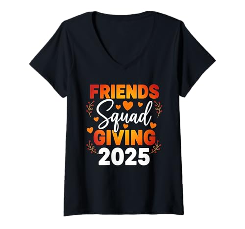 Damen Friendsgiving Squad 2025 Thanksgiving Herbst Harvest Crew T-Shirt mit V-Ausschnitt Damen Friendsgiving Squad 2025 Thanksgiving Herbst Harvest Crew T-Shirt mit V-Ausschnitt von Cozy Gatherings Studio