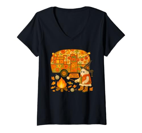 Damen Camping Ghost Retro Halloween Herbst Lagerfeuer Vintage Cottagec T-Shirt mit V-Ausschnitt von Cozy Ghoul Collective