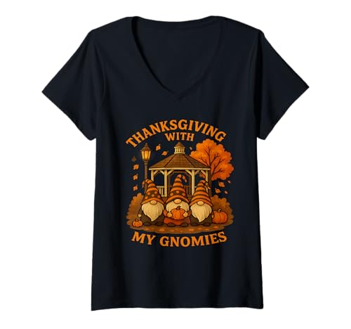 Damen Thanksgiving with My Gnomies Herbst Ernte Design T-Shirt mit V-Ausschnitt von Cozy Gnome Apparel