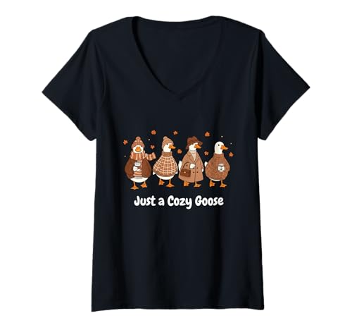 Damen Just a Cozy Goose Süßer Herbst-Outfit-Humor für Entenliebhaber T-Shirt mit V-Ausschnitt Damen Just a Cozy Goose Süßer Herbst-Outfit-Humor für Entenliebhaber T-Shirt mit V-Ausschnitt von Cozy Goose Apparel for Autumn Lovers