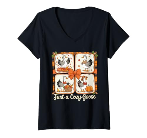 Damen Gemütliche Gans Herbststimmung Erntedank Lustig T-Shirt mit V-Ausschnitt von Cozy Goose Creations