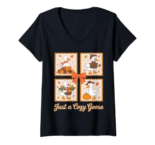 Damen Gemütliche Gans Herbststimmung Erntedank Lustig T-Shirt mit V-Ausschnitt von Cozy Goose Creations