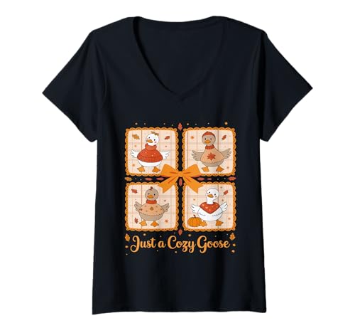 Damen Gemütliche Gans Herbststimmung Erntedank Lustig T-Shirt mit V-Ausschnitt von Cozy Goose Creations