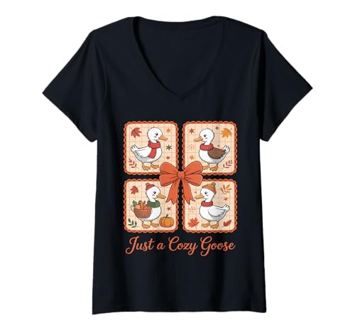 Damen Gemütliche Gans Herbststimmung Erntedank Lustig T-Shirt mit V-Ausschnitt von Cozy Goose Creations