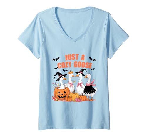Damen Kuscheliges Gänsehemd, niedlicher Kürbis-Hexenhut, Halloween, Herbst T-Shirt mit V-Ausschnitt Damen Kuscheliges Gänsehemd, niedlicher Kürbis-Hexenhut, Halloween, Herbst T-Shirt mit V-Ausschnitt von Cozy Goose Tee Shirts for Fall Autumn Halloween