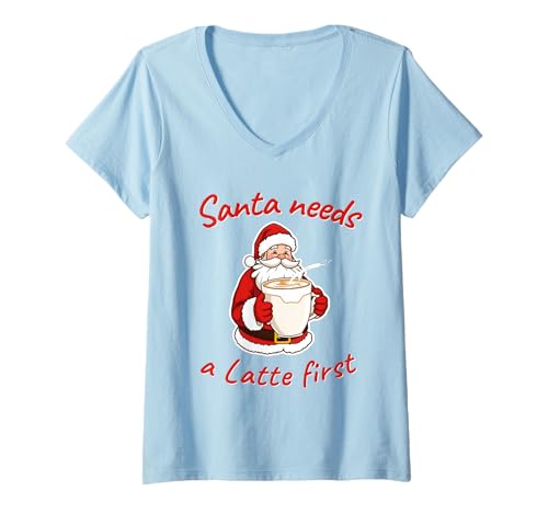 Damen Der Weihnachtsmann braucht einen Latte: Erster Weihnachtsfeiertag für Kaffeeliebhaber T-Shirt mit V-Ausschnitt Damen Der Weihnachtsmann braucht einen Latte: Erster Weihnachtsfeiertag für Kaffeeliebhaber T-Shirt mit V-Ausschnitt von Cozy Holiday Vibes 2025