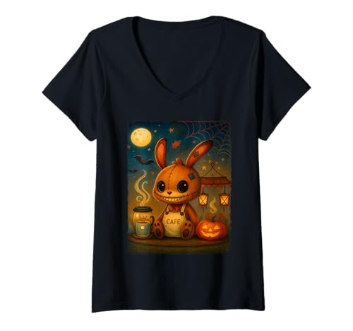 Damen Gruseliges niedliches Halloween-Hasen-Kostüm T-Shirt mit V-Ausschnitt Damen Gruseliges niedliches Halloween-Hasen-Kostüm T-Shirt mit V-Ausschnitt von Cozy Horror Spooky Season Fall Coffee Aesthetic