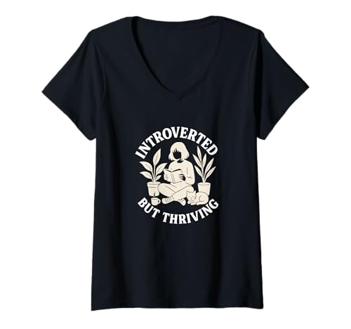 Damen Introvertiertes, Aber gedeihendes Lesebuch Liebhaber Katze Pflanze Design T-Shirt mit V-Ausschnitt Damen Introvertiertes, Aber gedeihendes Lesebuch Liebhaber Katze Pflanze Design T-Shirt mit V-Ausschnitt von Cozy Introvert Lifestyle
