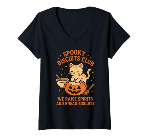 Damen Gruselige Kekse Club Halloween Katze Kürbis niedlich Backen T-Shirt mit V-Ausschnitt Damen Gruselige Kekse Club Halloween Katze Kürbis niedlich Backen T-Shirt mit V-Ausschnitt von Cozy Kitchen Witchy Cat Halloween Fun