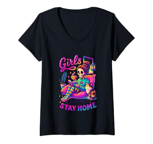 Damen Girls Just Wanna Stay Home Skelett T-Shirt mit V-Ausschnitt Damen Girls Just Wanna Stay Home Skelett T-Shirt mit V-Ausschnitt von Cozy Nights Skeleton Cat Relaxation