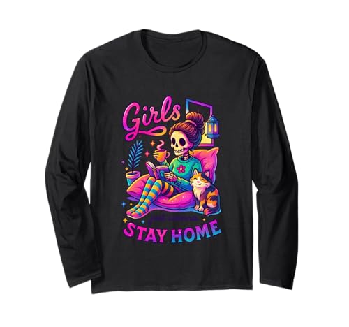 Girls Just Wanna Stay Home Skelett Langarmshirt Girls Just Wanna Stay Home Skelett Langarmshirt von Cozy Nights Skeleton Cat Relaxation