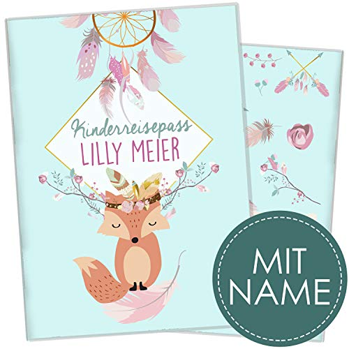 cozy racoon Reisepasshülle für Kinder | Hochwertige Hülle für den Reisepass Deines Kindes |Design Boho Fuchs Blau (mit Name/mit Personalisierung) von cozy racoon