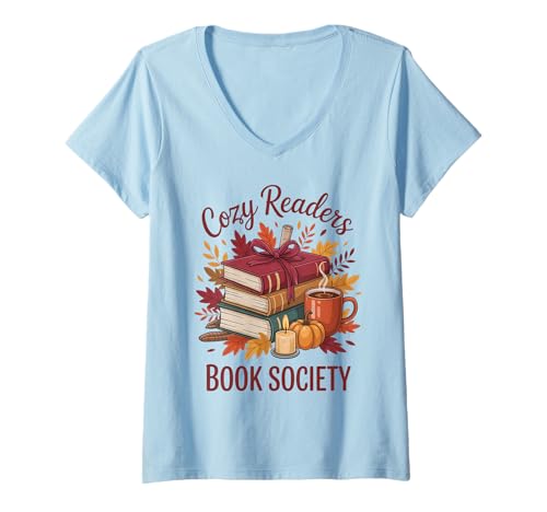 Damen Cozy Readers Book Society Herbst Floral Pumpkin Season T-Shirt mit V-Ausschnitt Damen Cozy Readers Book Society Herbst Floral Pumpkin Season T-Shirt mit V-Ausschnitt von Cozy Readers Book Society Coffee Book Lovers Fall