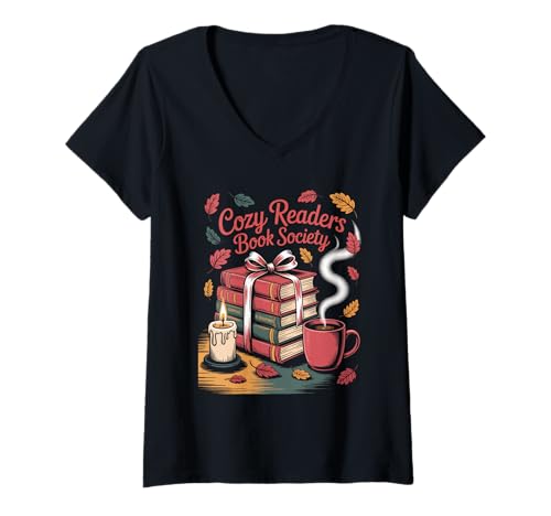 Damen Cozy Readers Book Society Fall Autumn Floral Season T-Shirt mit V-Ausschnitt Damen Cozy Readers Book Society Fall Autumn Floral Season T-Shirt mit V-Ausschnitt von Cozy Readers Book Society Coffee Book Lovers