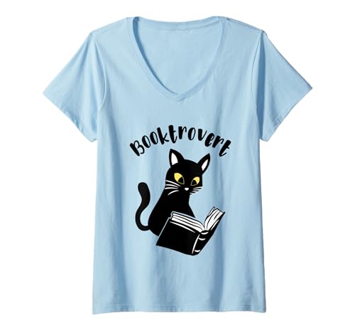 Damen Booktrovert Katze mit Buch Lesen Introvertierte Literatur T-Shirt mit V-Ausschnitt Damen Booktrovert Katze mit Buch Lesen Introvertierte Literatur T-Shirt mit V-Ausschnitt von Cozy Reading Cats Book Lover