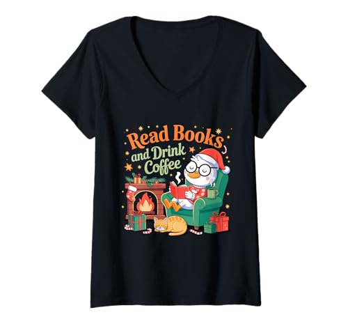 Damen Read Books and Drink Coffee Cozy Holiday T-Shirt mit V-Ausschnitt Damen Read Books and Drink Coffee Cozy Holiday T-Shirt mit V-Ausschnitt von Cozy Reading Duck Festive Coffee Lovers