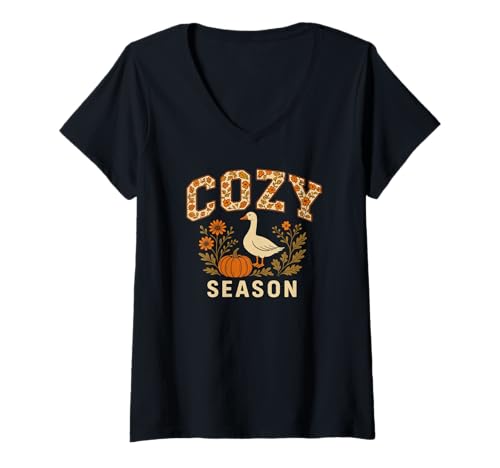 Damen Cozy Season Goose Kürbisblumen Herbststimmung T-Shirt mit V-Ausschnitt Damen Cozy Season Goose Kürbisblumen Herbststimmung T-Shirt mit V-Ausschnitt von Cozy Season Goose Pumpkin Floral Autumn Fall