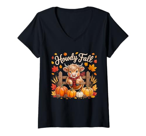 Damen Herbst Highland Kuh – Gemütliche Herbststimmung T-Shirt mit V-Ausschnitt Damen Herbst Highland Kuh – Gemütliche Herbststimmung T-Shirt mit V-Ausschnitt von Cozy Seasons Collection