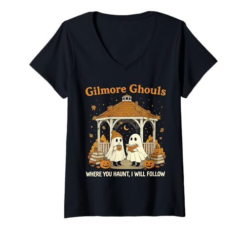 Damen Gilmore Ghouls Ghosts Where You Haunt I Will Follow Design T-Shirt mit V-Ausschnitt Damen Gilmore Ghouls Ghosts Where You Haunt I Will Follow Design T-Shirt mit V-Ausschnitt von Cozy Spooky Ghosts Halloween Boo Autumn Vibes