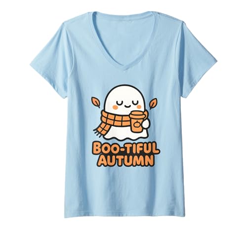 Damen Schöne Boo-Tiful Herbst Cute Ghost Fall Halloween Grafik T-Shirt mit V-Ausschnitt Damen Schöne Boo-Tiful Herbst Cute Ghost Fall Halloween Grafik T-Shirt mit V-Ausschnitt von Cozy Spooky Season Ghost With Coffee Design