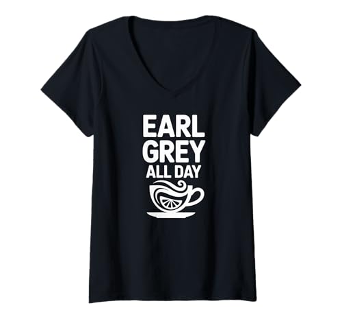 Damen Earl Grey All Day Tea Lover Ästhetisch T-Shirt mit V-Ausschnitt von Cozy Tea Enthusiast Lifestyle Designs