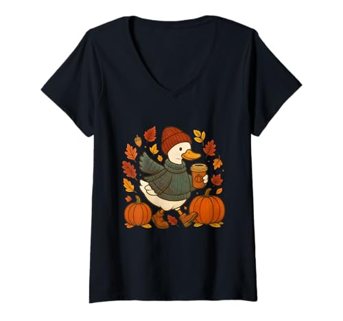 Damen Süße Herbstente Kürbis Gewürz Latte Herbst Kaffee Grafik T-Shirt mit V-Ausschnitt von Cozy Thanksgiving Seasonal Harvest Design