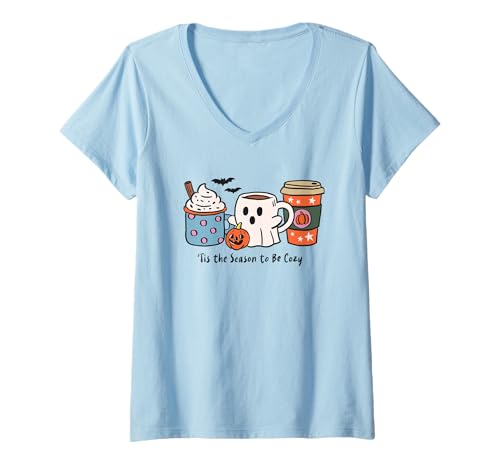 Damen Es ist die Jahreszeit, in der es gemütlich Wird, süßes Halloween T-Shirt mit V-Ausschnitt von Cozy Warm Halloween Pumpkin Mug Fun