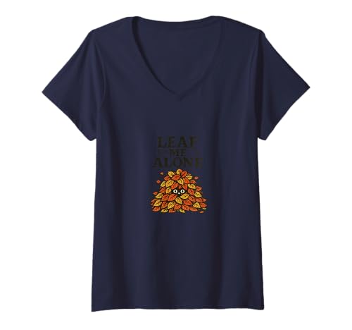 Damen Lustiges Katzen-Design mit Aufschrift Fall Autumn Leaf Me Alone T-Shirt mit V-Ausschnitt von Cozy Whisker Studio