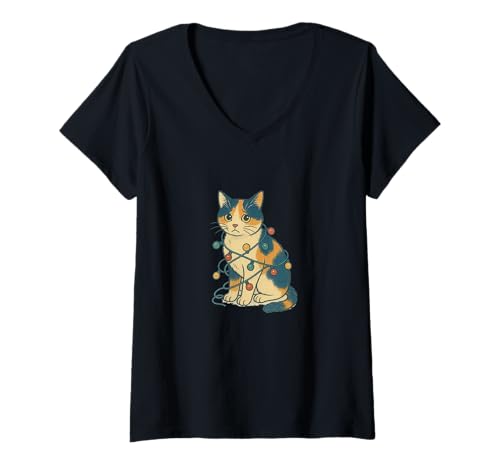 Damen Calico Cat Wirgled Christmas Lights, niedlicher festlicher Feiertag T-Shirt mit V-Ausschnitt Damen Calico Cat Wirgled Christmas Lights, niedlicher festlicher Feiertag T-Shirt mit V-Ausschnitt von Cozy Whisker Wonder