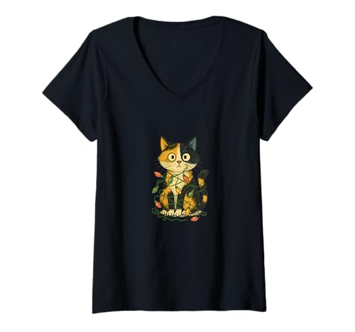 Damen Calico Cat Wirgled Christmas Lights, niedlicher festlicher Feiertag T-Shirt mit V-Ausschnitt von Cozy Whisker Wonders