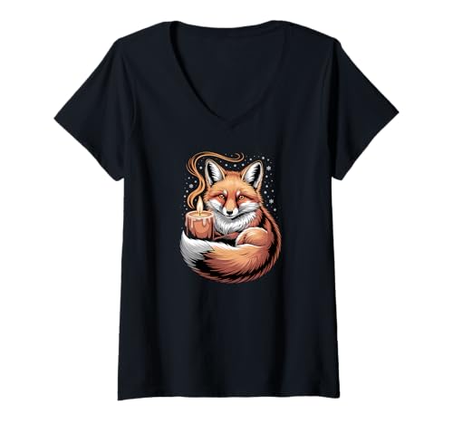 Damen Süßer Fuchs mit Kerze und Schneeflocken, Bezauberndes Tier T-Shirt mit V-Ausschnitt von Cozy Winter Forest Apparel Gifts By Anastasia