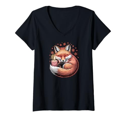 Damen Süßer Fuchs mit Kerze und Schneeflocken, Bezauberndes Tier T-Shirt mit V-Ausschnitt von Cozy Winter Forest Apparel Gifts By Anastasia