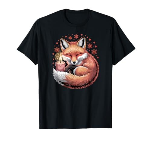 Süßer Fuchs mit Kerze und Schneeflocken, Bezauberndes Tier T-Shirt von Cozy Winter Forest Apparel Gifts By Anastasia
