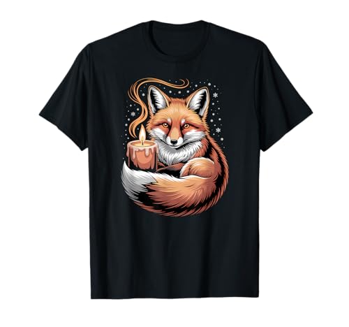 Süßer Fuchs mit Kerze und Schneeflocken, Bezauberndes Tier T-Shirt von Cozy Winter Forest Apparel Gifts By Anastasia