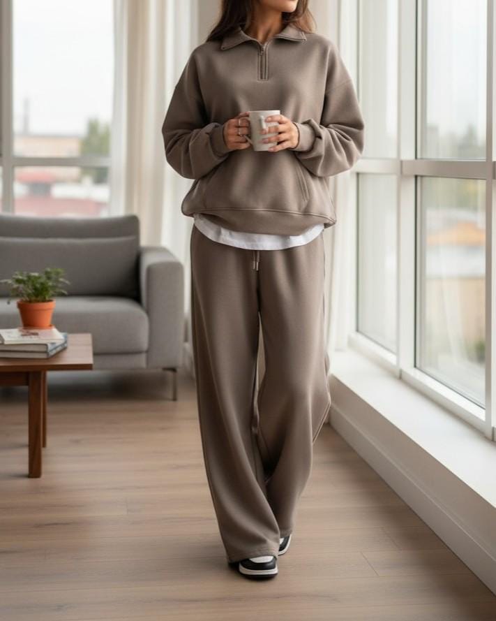 Weiches Baumwoll-Jogger-Set Gemütlicher Damen Loungewear, Zweiteiliger Übergroßer Pullover-Sweatshirt & Kordelzug Mit Weitem Bein von CozyAtlier